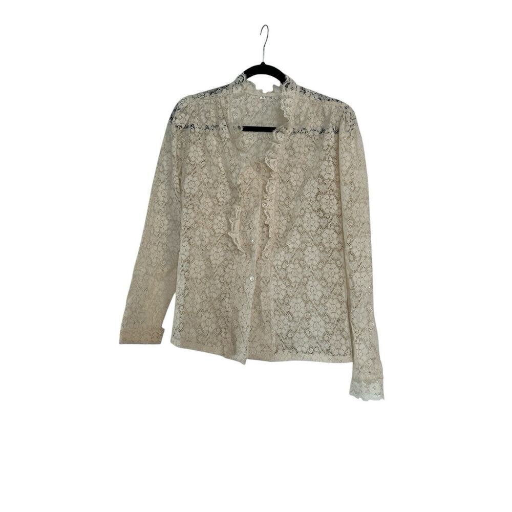 Vintage 70s Cream Floral Lace Long Sleeve Button Up Blouse Size M Victorian Boho